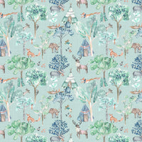  Samples - Woodland Adventures Printed Fabric Sample Swatch Aqua Voyage Maison