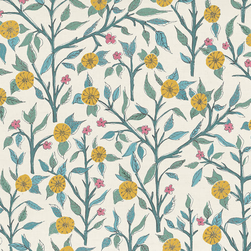Floral Green Fabric - Yamuna Printed Cotton Fabric (By The Metre) Teal Voyage Maison