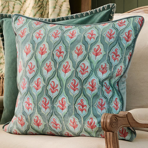 Geometric Green Cushions - Zephyr Printed Velvet Feather Filled Cushions Oasis Voyage Maison